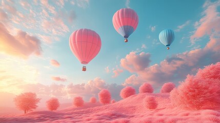 Obraz premium Hot air balloons floating over surreal pink landscape at sunset