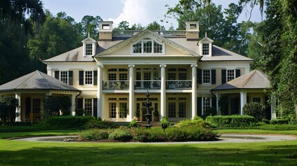 Obraz premium Elegant Southern Mansion with Lush Green Lawns