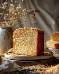 Delicious close-up of a slice of homemade vanilla cake on a white plate with fresh berries and cream