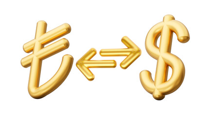 3d Golden Lira And Dollar Symbol Icon With Money Exchange Arrows On White Background 3d illustration
