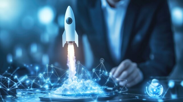 A white rocket launches from a smartphone held by a businessman, signifying the power of technology and innovation for business growth.