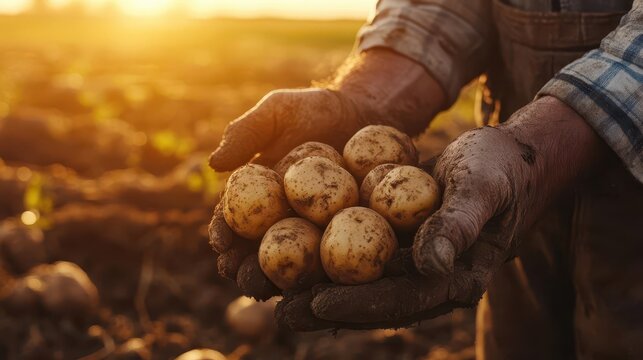 closeup of weathered farmers hands cradling freshly harvested potatoes golden sunset illuminating earthy tones against blurred field background