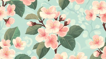 Floral pattern with pink cherry blossoms and pastel green leaves generative ai