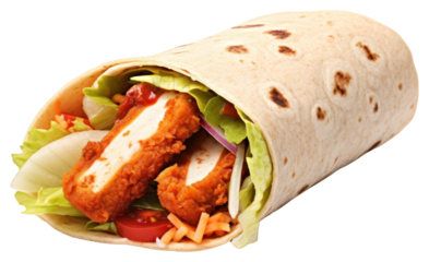PNG Tortilla wrap with fried chicken meat and vegetables ketchup bread food.