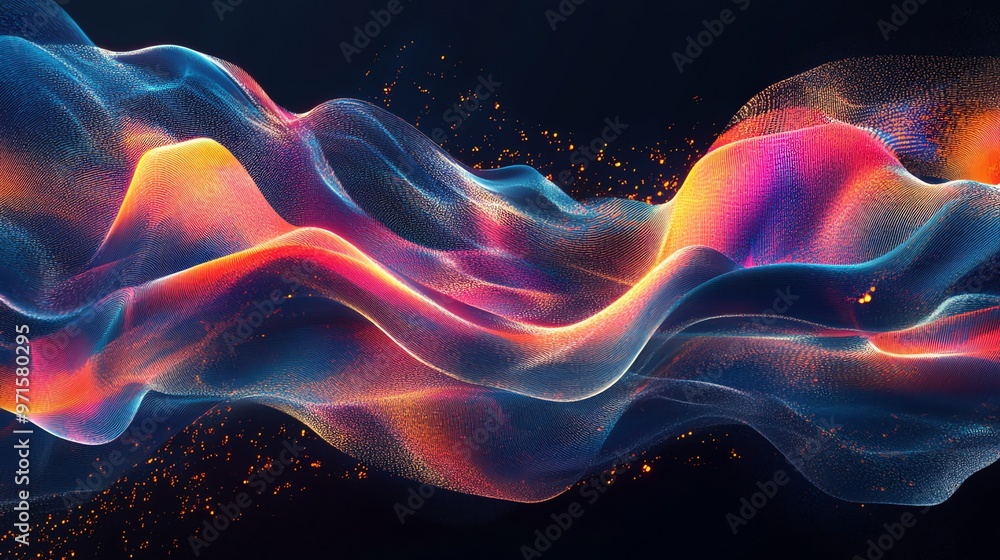 Poster abstract colorful digital wave with glowing particles.