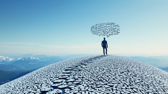 Speech to Footsteps: A person, speech bubble is connected to a path of footprints, with each word written within the footprint, leading toward a distant horizon