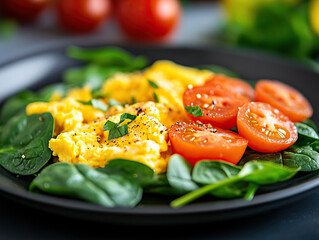 Colorful plate of scrambled eggs, fresh spinach, and ripe tomatoes, perfect for a healthy breakfast or meal preparation.