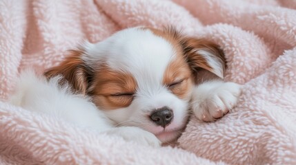 Small puppy sleeping on a pink blanket