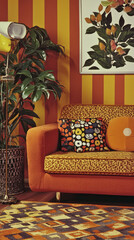 Bold patterns and vibrant colors define this 1970s living room, creating lively atmosphere