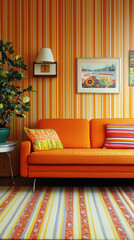 A vibrant 1970s living room featuring bold patterns and warm colors