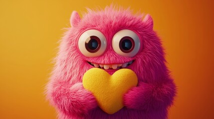 Fototapeta premium Pink fluffy monster holding a yellow heart on orange background