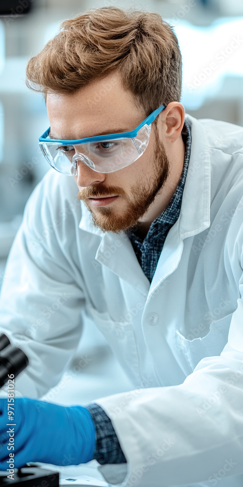 Poster focused scientist examining samples under a microscope in a laboratory setting, showcasing professio