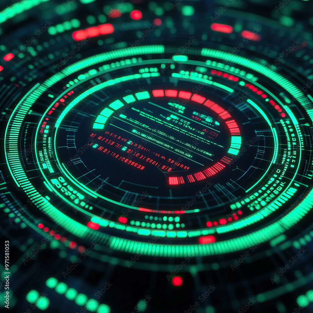Poster futuristic digital interface with vibrant green and red elements, showcasing data visualization and 