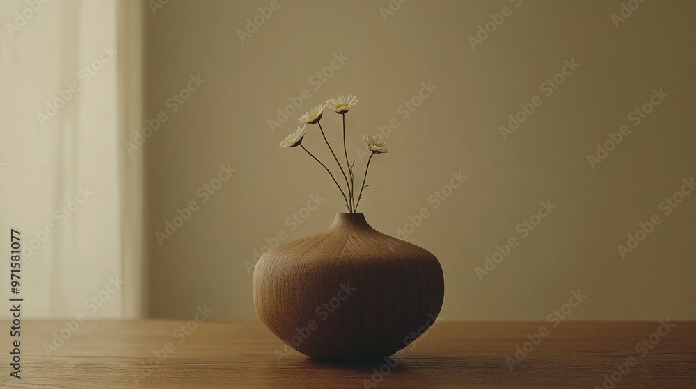 Poster close-up shot of a vase with daisies on a table and a window in the background