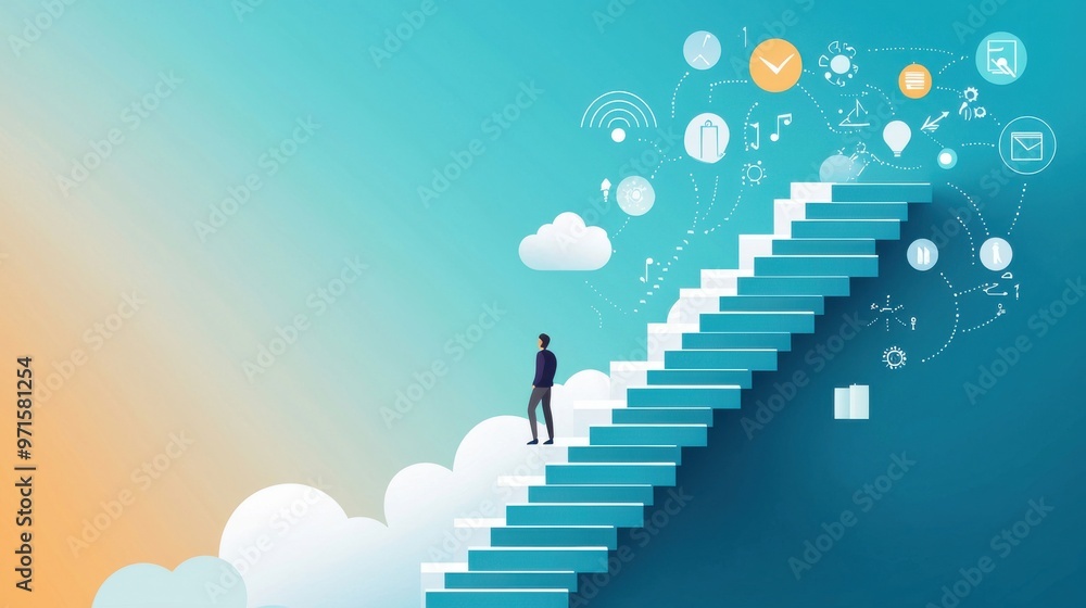 Poster steps to vision: a figure climbing an invisible staircase in the sky, each step materializing as the