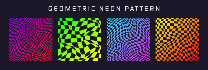 Groovy checkered pattern, colorful distorted tiled grid. Vintage wavy curved backdrop, distortion effect. Funky geometric chessboard texture, retro background in 90s style, y2k. Vector illustration