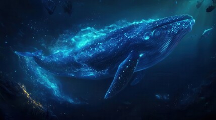 Fototapeta premium colossal bioluminescent whale emerging from inky depths its ethereal glow illuminating an underwater world teeming with fantastical sea creatures and swirling currents