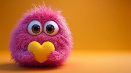 Pink fluffy character holding a yellow heart on orange background