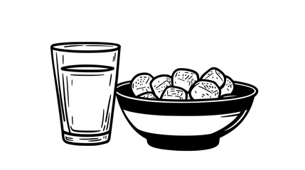 Bowl of diabetic-friendly candies on a dining table next to a glass of water, vector illustration art
