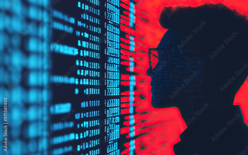 Poster silhouette of a person observing data streams, symbolizing data analysis and technology innovation i