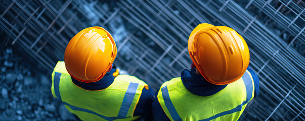 Two construction workers in safety gear observe a building site with steel reinforcement, showcasing teamwork and safety practices.