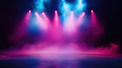 concert stage bathed in colorful spotlights dramatic lighting effects and smoke creating an atmospheric scene empty stage ready for performance evoking anticipation and excitement