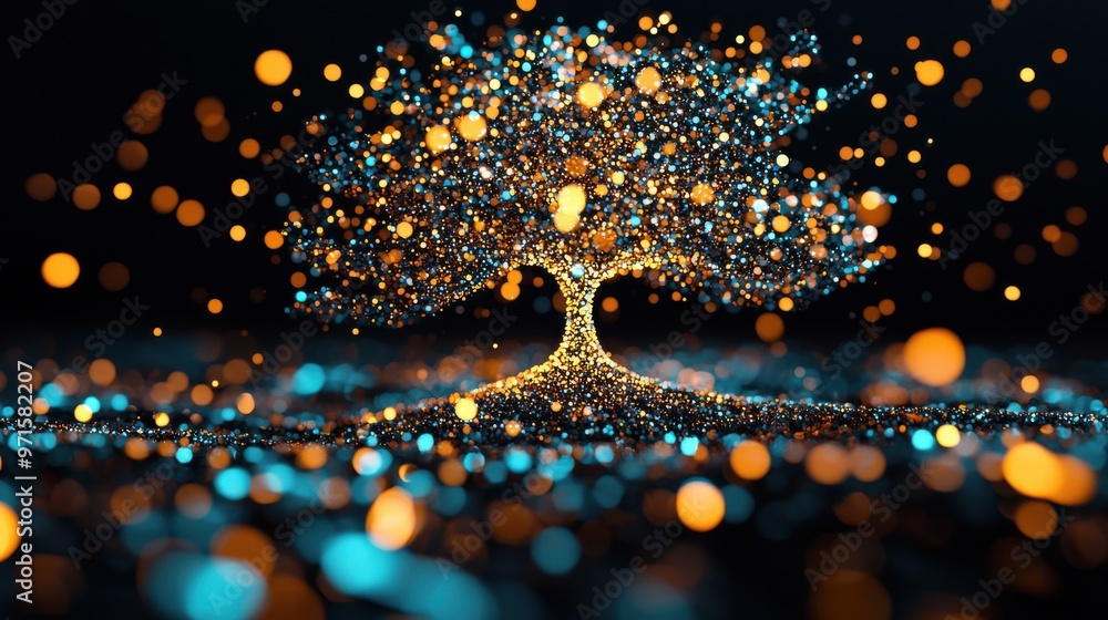Poster sum of small efforts: a mosaic of tiny glowing shapes forming a large, vibrant tree of success, each