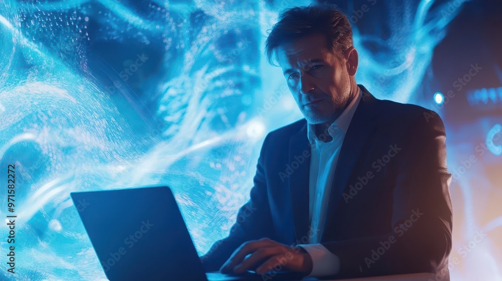 Poster confident executive in tailored suit gazing at laptop bathed in soft blue light holographic data str