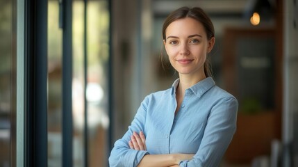 confident businesswoman portrait young professional in crisp blue shirt stands with arms crossed exuding poise and competence warm smile and direct gaze convey approachability and leadership