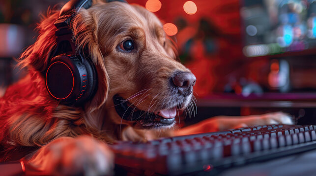 A golden retriever dog playing video games in a computer wearing a headset, gamer dog with headset.