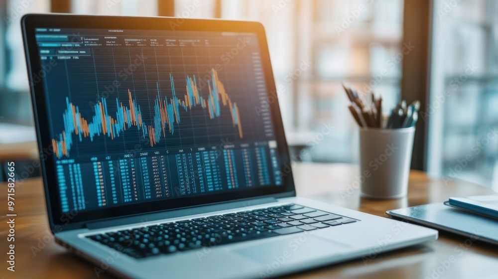 Poster laptop with financial data chart displayed on screen