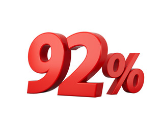 3d Red 92% Ninety two Percent Sign on White Background 3d illustration
