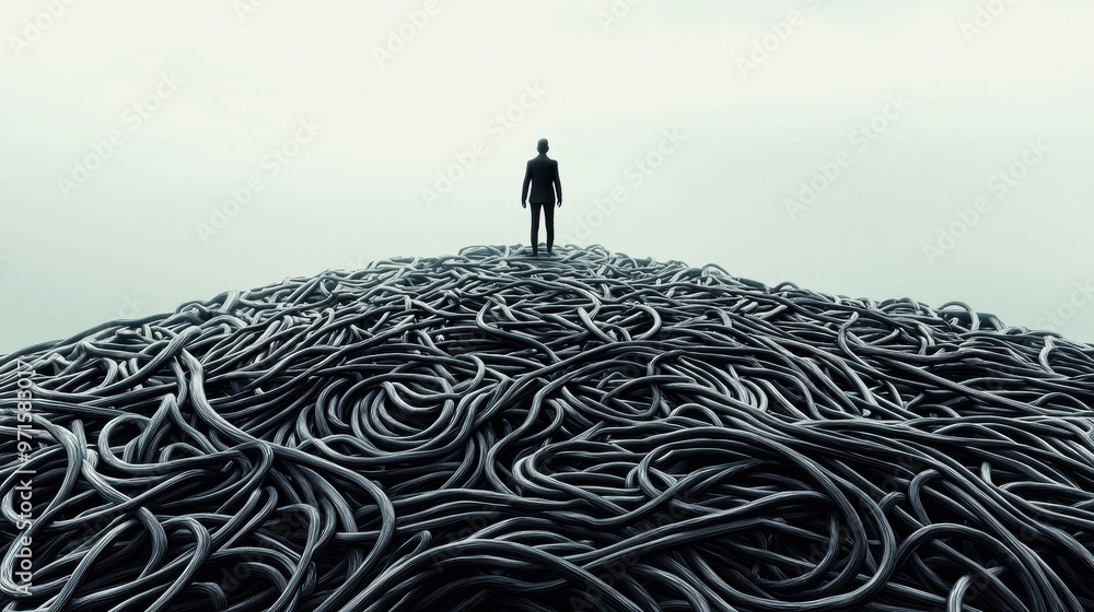 Poster tangled path: a long, winding path filled with knots and tangles, representing the complicated and d