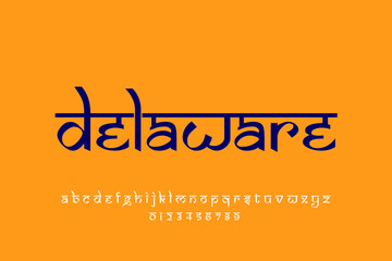 USA state Delaware text design. Indian style Latin font design, Devanagari inspired alphabet, letters and numbers, illustration., Hindi fonts
