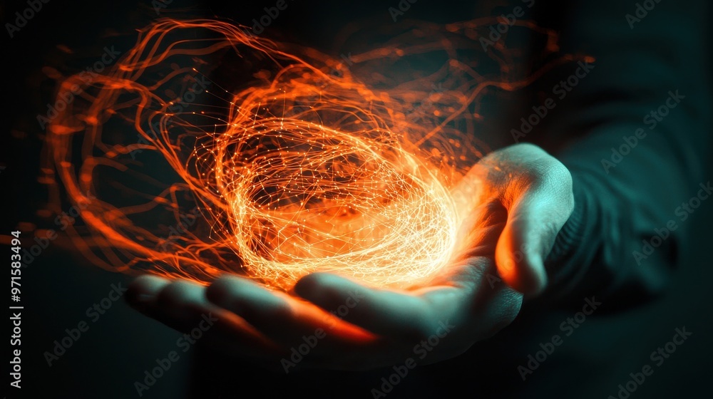 Poster tech advantage: a figure with a glowing device in hand, surrounded by swirling digital elements, sym