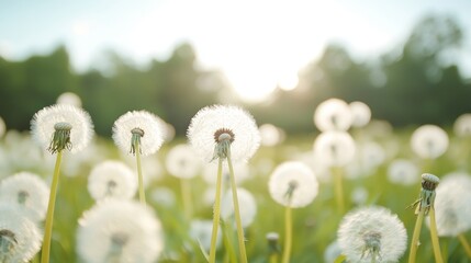 A field of delicate, feather light dandelions that drift and dance in a gentle breeze.