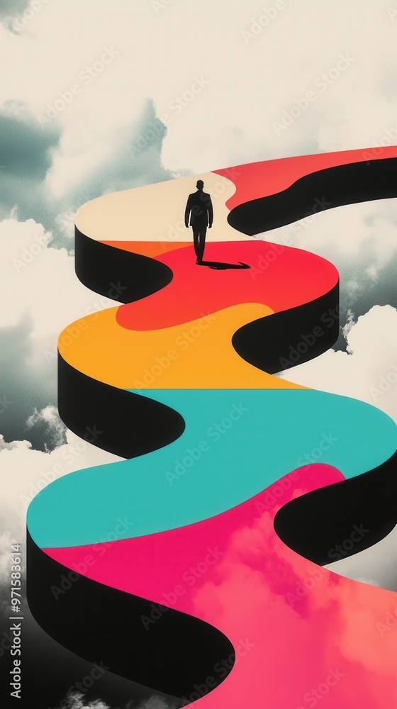 Poster the bridge of personality: a figure walking across a bridge made up of abstract shapes and colors, e