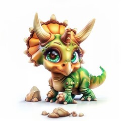 Adorable baby triceratops with playful expression on white background for children's decor