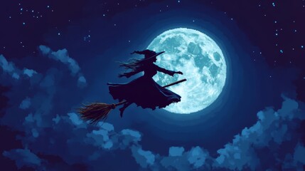 A witch flying on her broomstick across a moonlit night sky, surrounded by stars and clouds. Halloween night magic.
