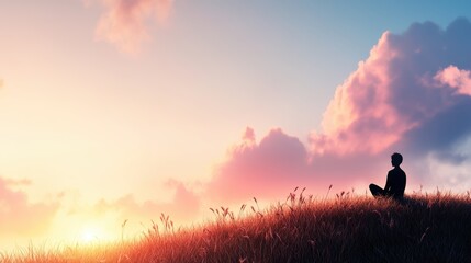 Fototapeta premium A lone figure sits on a hilltop, their eyes closed, bathed in the soft, golden light of a setting sun.
