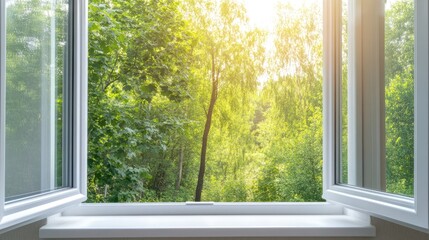 A view of lush green trees from a modern white window, showcasing nature's beauty in a bright residential setting on a sunny day
