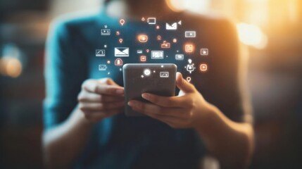 Person using phone with social media icons