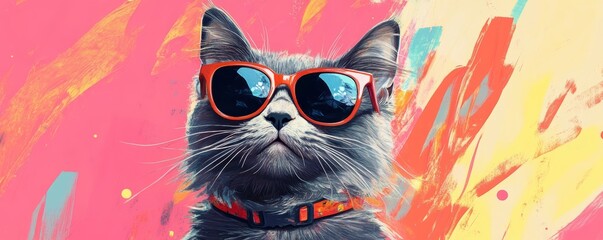 Gray cat wearing sunglasses posing on colorful background