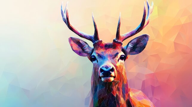 Colorful polygon art deer looking forward on abstract background