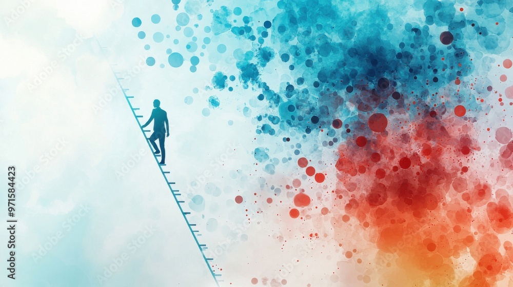Poster the endless ladder of growth: a figure climbing an infinite ladder suspended in a vast abstract spac