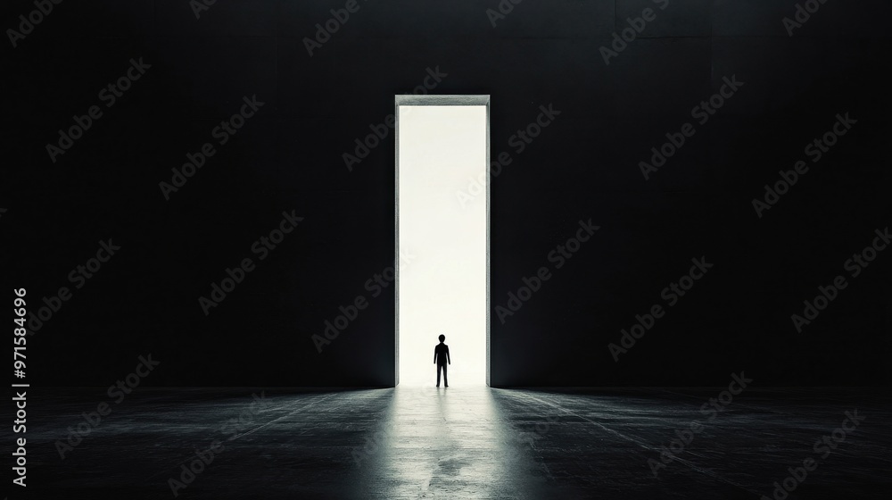 Poster the first step is the hardest: a massive door with a small person pushing it open, symbolizing the c