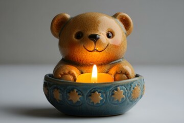 a small teddy bear figurine with a lit candle. 