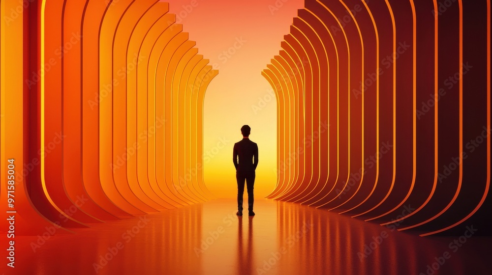 Poster the infinite mirror: a person standing in front of an infinite mirror, each reflection showing a sli