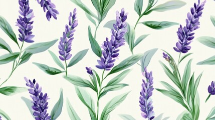Floral pattern with purple lavender and soft green leaves generative ai