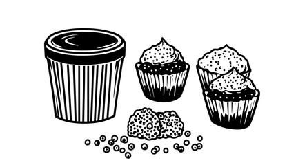 Small container of nonpareils next to assorted cake decorations, vector illustration art